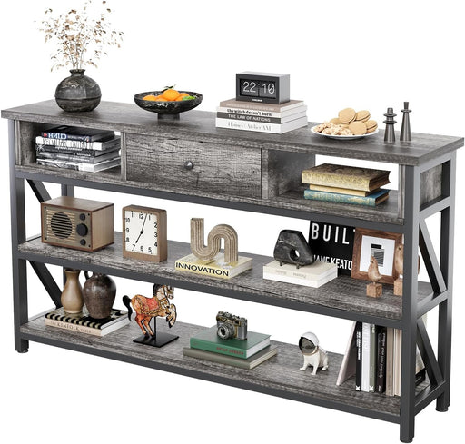 47 Inch Console Sofa Table with Drawer, Industrial Entryway Table with Storage Shelves, Storage Organizer for Hallway Living Room Couch Foyer Kitchen Counter, Grey Oak