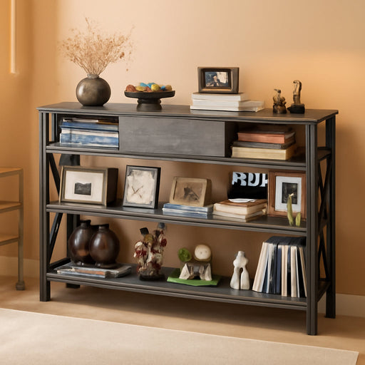 47 Inch Console Sofa Table with Drawer, Industrial Entryway Table with Storage Shelves, Storage Organizer for Hallway Living Room Couch Foyer Kitchen Counter, Grey Oak