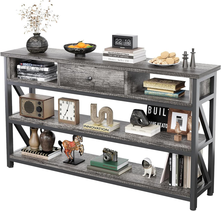 47 Inch Console Sofa Table with Drawer, Industrial Entryway Table with Storage Shelves, Storage Organizer for Hallway Living Room Couch Foyer Kitchen Counter, Grey Oak