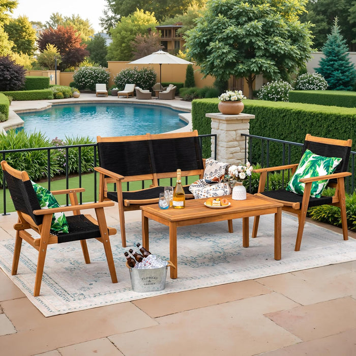 4 Pieces Acacia Wood Patio Conversation Sets, Patio Furniture Set with Hand Woven Rope Seats and Back, Outdoor Chair and Table Set for 4 for Balcony, Backyard, Deck, Poolside