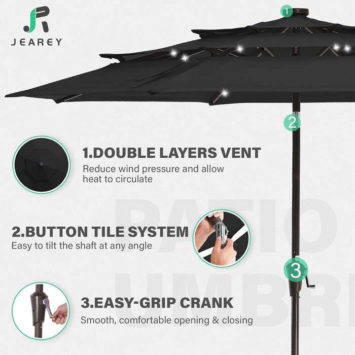 9 Ft 3-Tier Outdoor LED Lighted Patio Umbrella W/Crank, Black