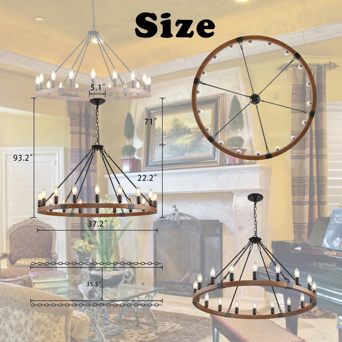 38”Wooden Wagon Wheel Chandelier,Black Vintage 18 Light Rustic round Hanging Light Fixture,Industrial Country Ceiling Light Used in the Farmhouse,Hallway,Foyer,Living Room,Dining Room