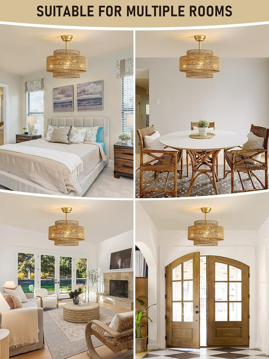 20 Inch Boho Rattan Fandelier Ceiling Fans with Lights and Remote Control