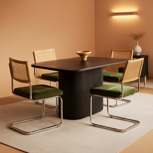 Green Rattan Dining Chairs Set of 4, Wooden Mid Century Modern Kitchen Chairs, Mesh Back Cane Dining Room Chair, Cesca Design Chairs with Metal Chrome Legs