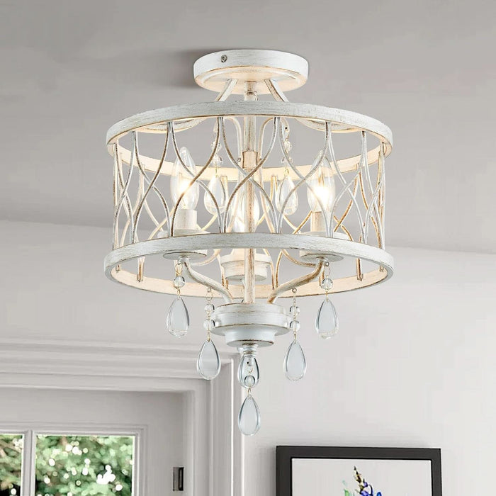 Farmhouse Crystal Ceiling Light Fixture, 3-Light Semi Flush Mount Crystal Chandelier Light Fixture Rustic Vintage White Pendant Ceiling Lamp for Hallway Corridor Kitchen Entryway Bedroom Living Room