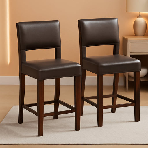 24.5" Counter Height Bar Stools Set of 2, PVC Leather Barstools with Back, Rubber Wood Legs, Max Load 400 Lbs, Modern Upholstered Bar Dining Chairs for Kitchen Island Pub, Brown