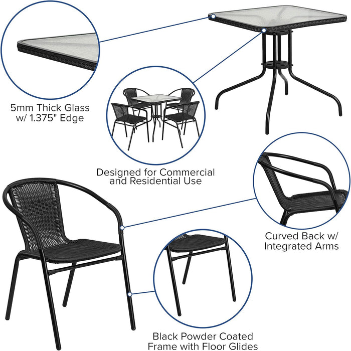 5-Piece 28" Square Indoor/Outdoor Patio Table and Chairs Set, Dining Set with Glass Metal Bistro Table, 4 Stack Rattan Chairs, Black