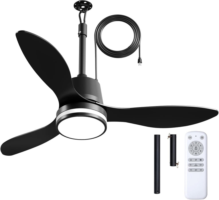 42 Inch Outdoor Ceiling Fans with Lights for Patios, IP65 Waterproof Gazebo Fan Remote Control,3Cct, 6 Speeds, Hook Hanging Plug in Ceiling Fan for Patio Porch Pergola Garage Canopy (Black)