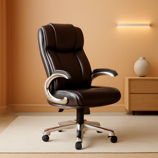 Leather Executive Office Chair- High Back Home Computer Desk Chair with Padded Flip-Up Arms, Adjustable Tilt Lock, Swivel Rolling Ergonomic Chair for Adult Working Study-Brown, Set of 2