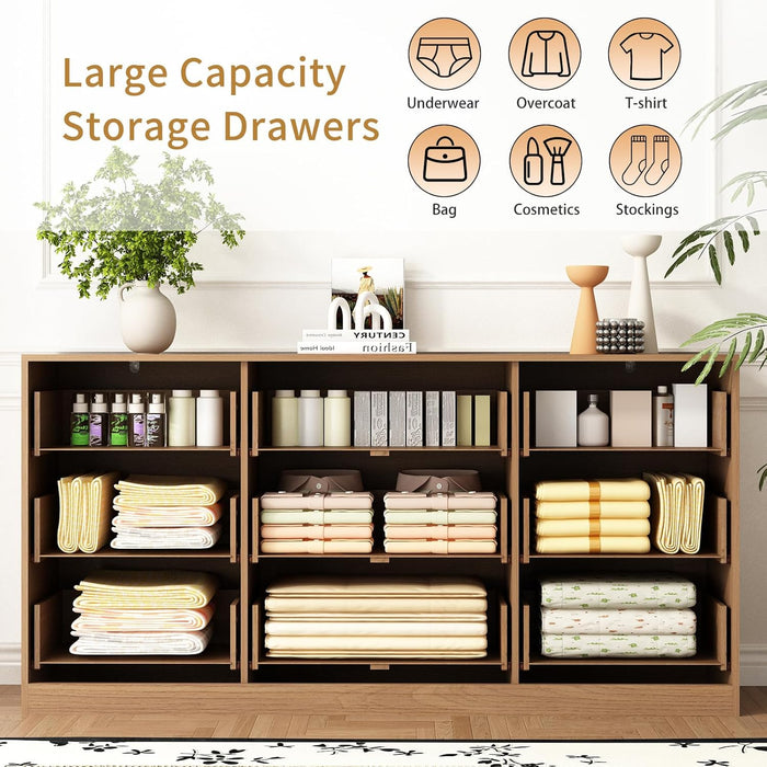 9 Drawer Dresser for Bedroom with Deep Drawers, 63" Wide Wood Dresser, Large Floor Chest of Drawers, Modern Long TV Stand, Mid Century Storage Cabinet Side Table, Natural