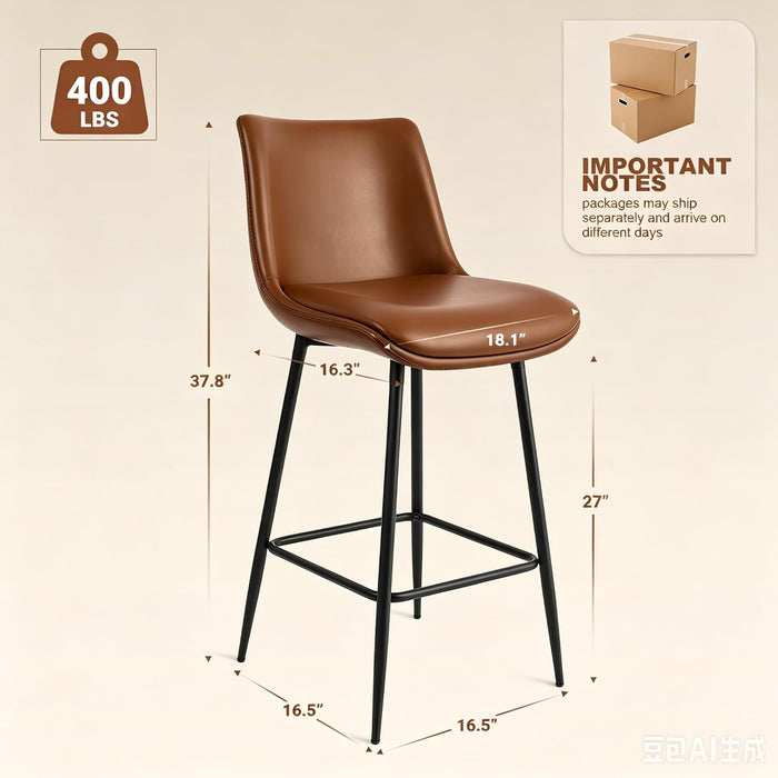Counter Height Bar Stools Set of 4, FSC Certified Upholstered Faux Leather Barstools with Back, Metal Base, 27" Seat Height, Modern Upholstered Counter Stools for Kitchen Island,(Walnut Brown