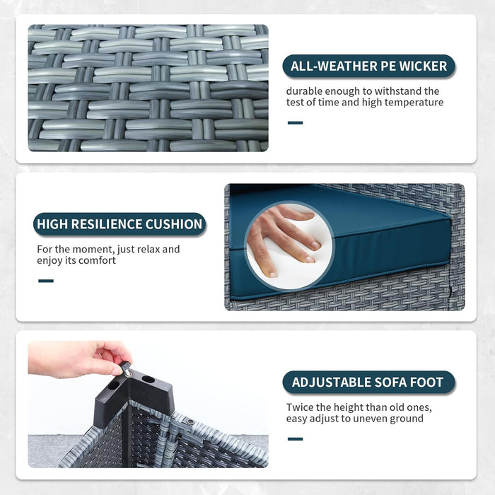 5-Piece Patio Furniture Set, Outdoor Conversation Set with PE Wicker Couch, Chairs, and Ottomans, All-Weather Grey Rattan with Anti-Slip Cushions for Backyard, Balcony, and Deck, Peacock Blue