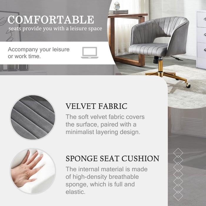 Home Office Chair Swivel Velvet Desk Chair, Vanity Chair with 360 Swivel Armchair and Gold Base,For Living Room, Bedroom, Vanity, Study (Grey)