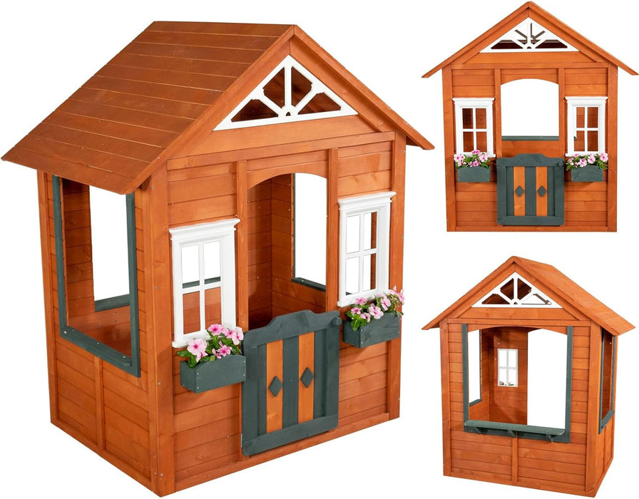 Woodbridge Wooden Playhouse for Kids, Outdoor Backyard Playhouse with Working Door, Windows & Flowerpot Holders, Ages 3–8, Durable Finland Wood, Red