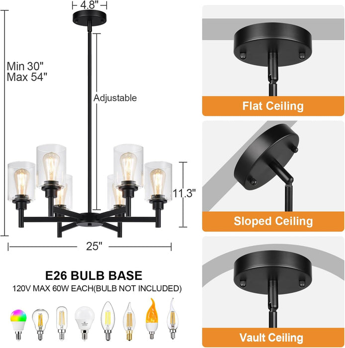Black Chandeliers, 6 Light Dining Room Light Fixtures over Table, Farmhouse Chandeliers for Dining Room with Clear Glass Shade for Kitchen Island Living Room Bedroom Bathroom, Height Adjustable
