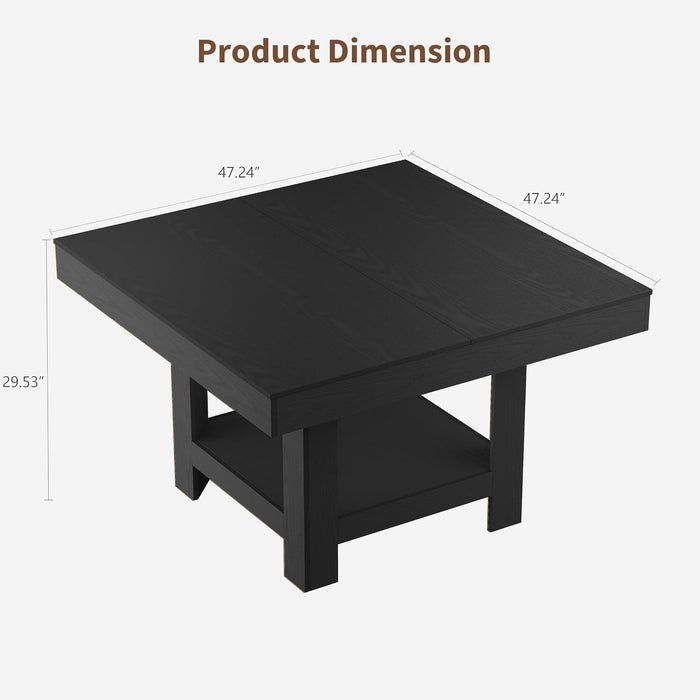 Square Dining Room Table for 4-6 People, Heavy Duty 350Lbs Kitchen Table with 2-Tier Storage, Waterproof Wooden Dinner Table with Sturdy Triangle Legs, Black.
