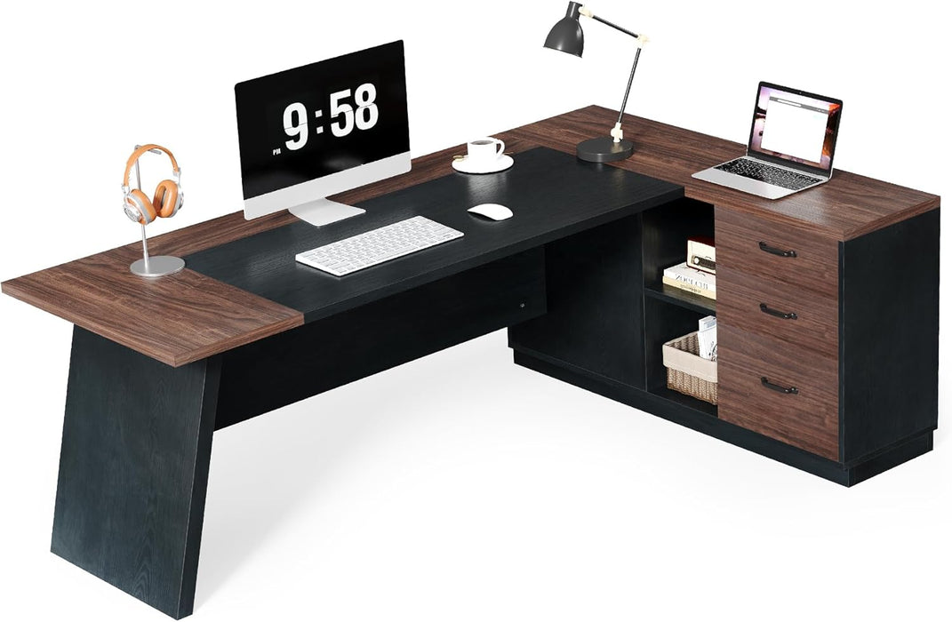 78-Inch Executive Office Desk with File Cabinet, Large Modern Corner Office Desk for Home Office, 3-Drawer Wood File Cabinet, Spacious Workstation for Home Office (Brown & Black)