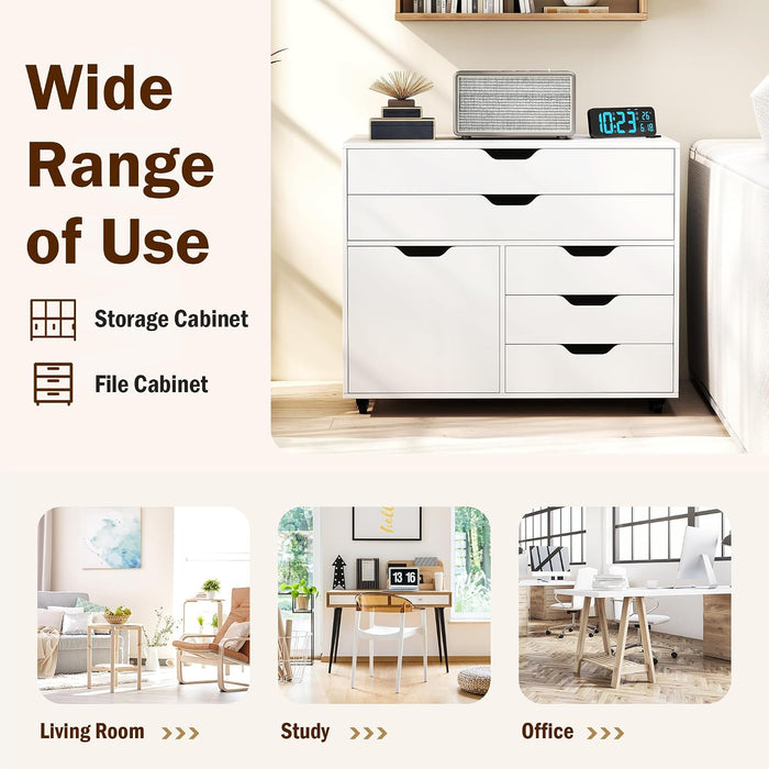 Rolling File Cabinet Five Drawers White OrganizerPro