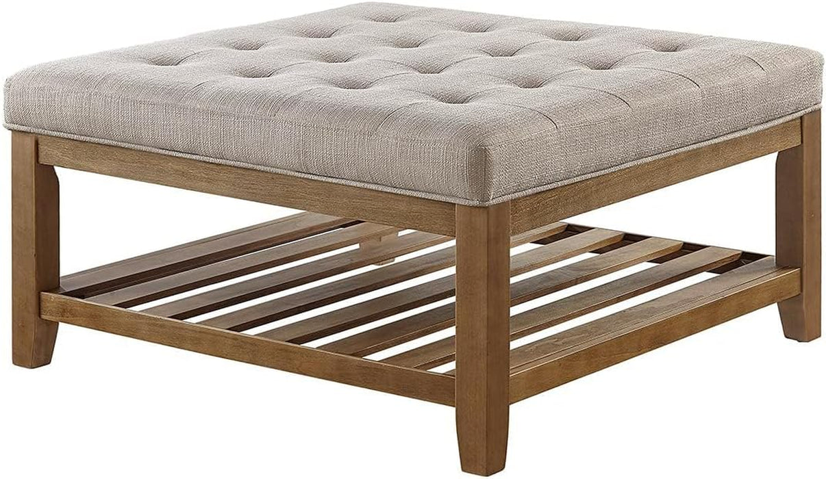 Large Square Upholstered Tufted Linen Ottoman Coffee Table, Large Footrest Ottoman with Solid Wood Shelf-Linen