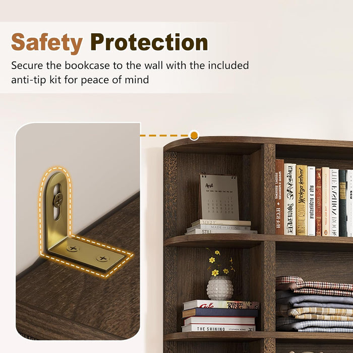 5-Tier Wood Book Shelf, 47" Wide Large Bookshelf and Bookcase, 62" Tall Bookshelf with Curved Side Shelves, Freestanding Wood Display Book Shelves for Living Room, Home Office, Walnut