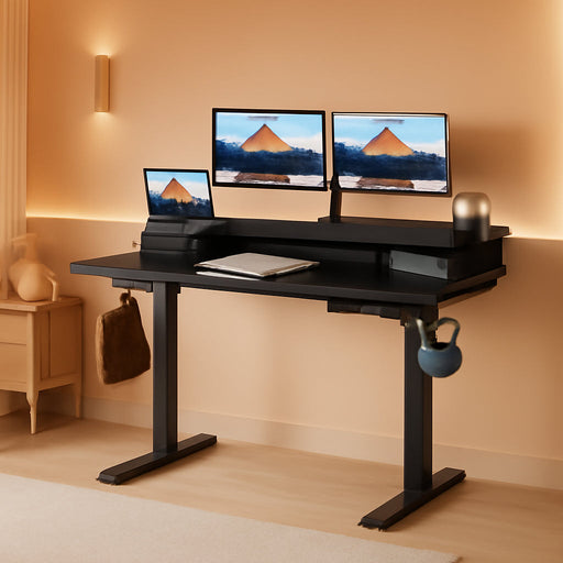 48″ X 24″ Electric Standing Desk with 2 Drawers, C-Clamp Mount Compatible, Height Adjustable Computer Desk, Home Office Stand up Desk with 4 Preset Heights & 2 Hooks, Black