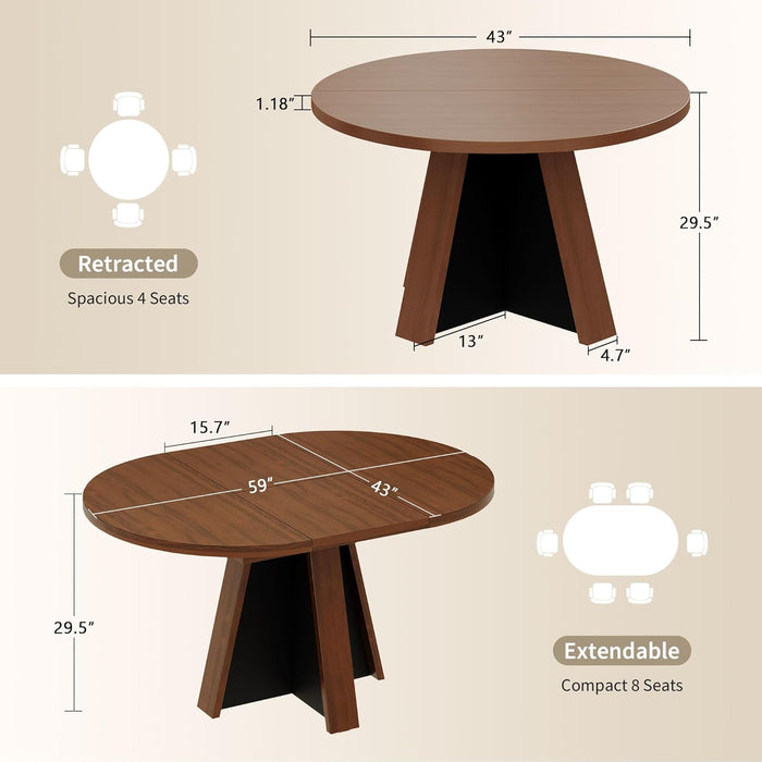 43.3In-59In Extendable round Dining Table for 4-6, Modern Wooden Kitchen Table for Dining Room, Adjustable Size Oval Circle Dinner Tables Furniture for Kitchen Living Room, Walnut Brown