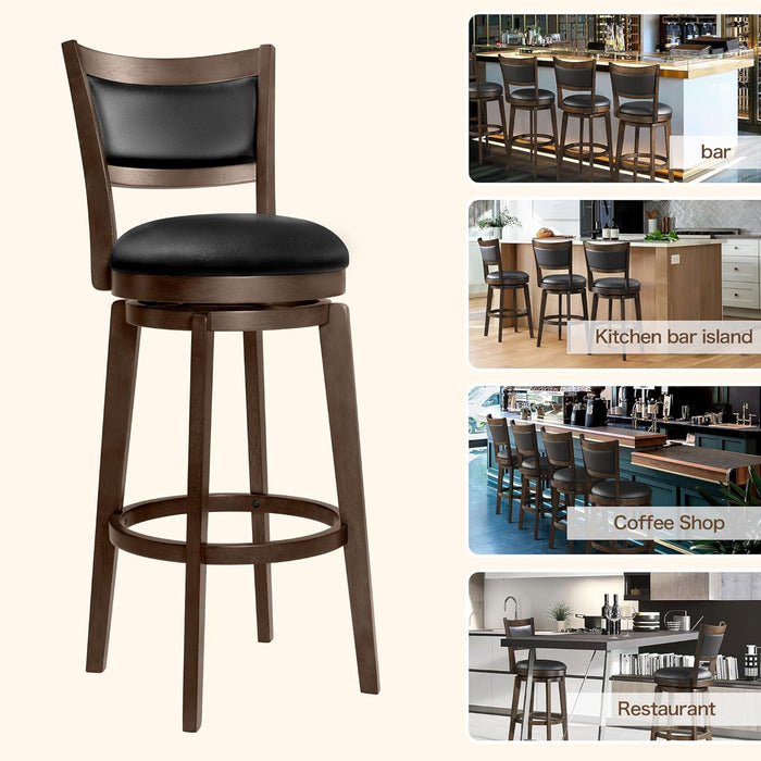 32" Tall Bar Height Stools Set of 4 - High Back Swivel Barstools with Black Faux Leather Upholstered Seat & Solid Wood Footrest, Counter Bar Stool for Kitchen Island & Pub