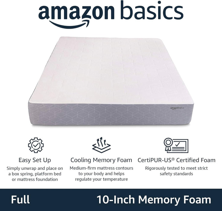Memory Foam Mattress, Medium Firm, Cooling Gel, Full Size Mattress, Certipur-Us® Certified Foam, 75 X 54 X 10 Inches, White/Gray