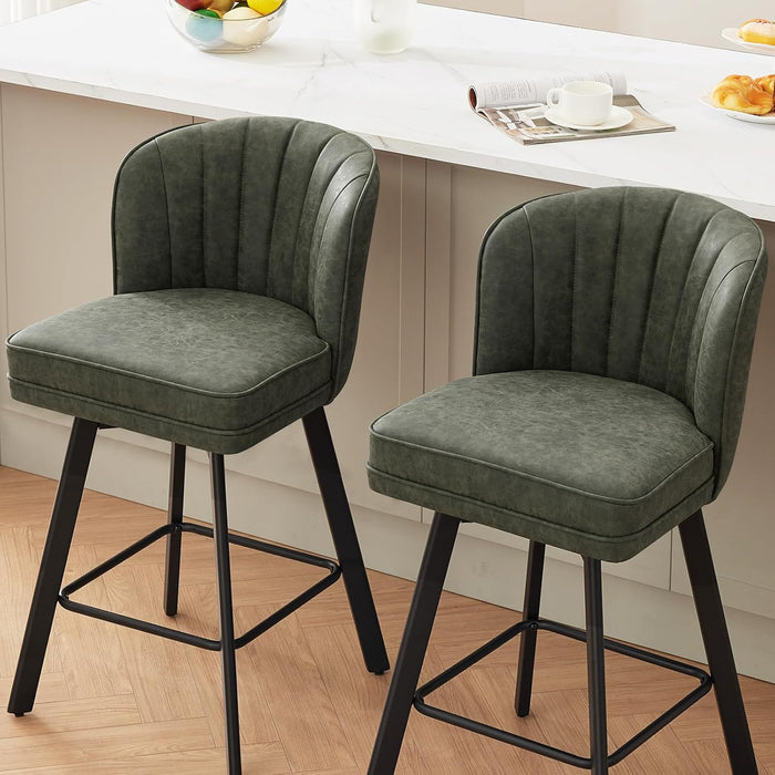 Swivel Counter Height Bar Stools Set of 2, 26'' Modern Barstools with Backs and Metal Legs, Upholstered Bar Chairs, Faux Leather Green Stools for Kitchen Island Chairs