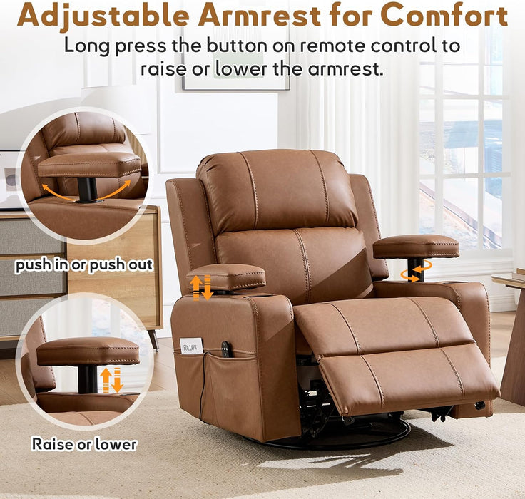Power Swivel Rocker Recliner Chair with Adjustable Armrests, Brown
