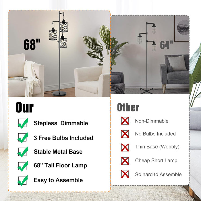 Dimmable Farmhouse Floor Lamp, Industrial Floor Lamp for Living Room with 3 X 6W LED Bulbs, 3 Light Rustic Standing Tall Lamp for Bedroom, Office, 68"