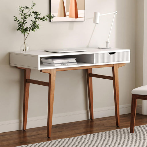 White Computer Desk with Drawers - 45 Inch Minimalist Small Solid Wood Mid-Century Modern Office Desk for Home - Boho Style Writing Table with Open Storage,Light Wooden Desk Workspace