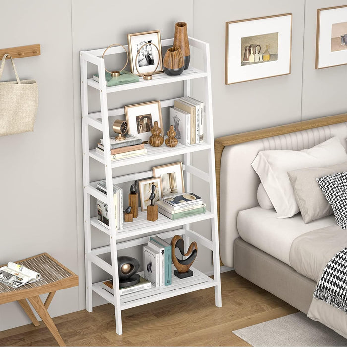 Ladder Shelf, 4-Tier Bamboo Ladder Bookshelf, 49.2” White Book Shelf, Open Bookcase Freestanding Plant Stand for Small Space, Bathroom, Living Room, Bedroom, Home Office