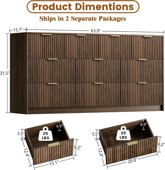 Walnut 10 Drawer Dresser for Bedroom, 63" Wide Fluted Wood Dresser