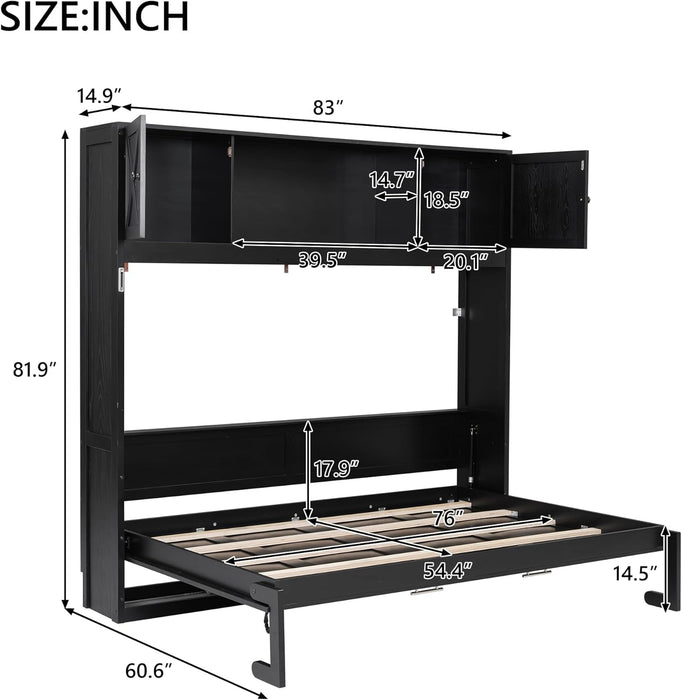 Full Size Murphy Bed with 2 Storage Cabinets, Wood Hidden Foldable Wall Bed Frame W/Bookcase Shelves, Storage Bed Cabinet for Bedroom, Office, Space-Saving, No Box Spring Needed, Black
