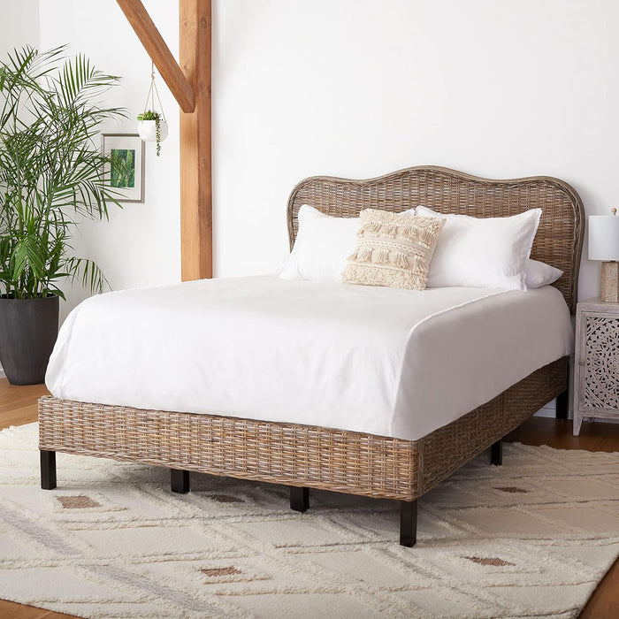 Home Collection Daejon Coastal Rattan Legs Camelback Headboard Full Size Bed BED8001A-F, Grey/Espresso