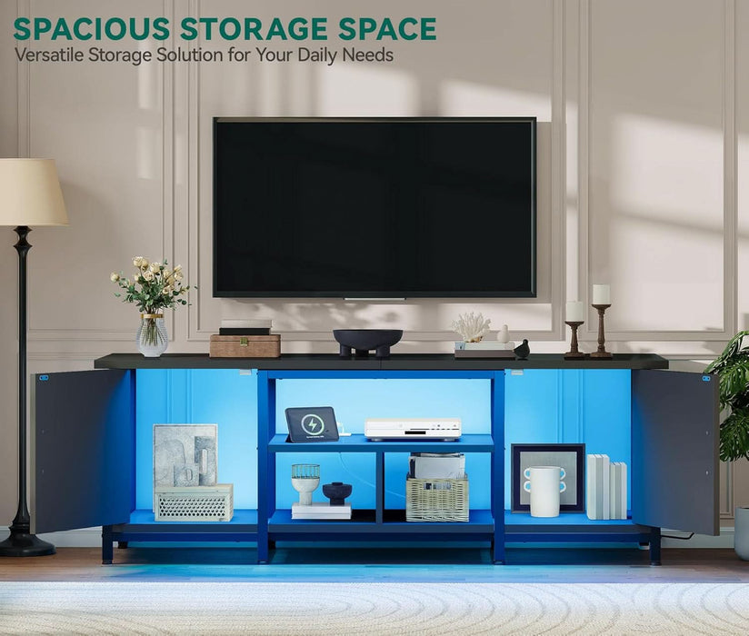 TV Stand with LED Lights & Charging Station, Farmhouse Entertainment Center with Storage Cabinets & Shelves, Cross-Pattern Doors, Fits Tvs up to 70'', TV Consoles for Living Room, Black