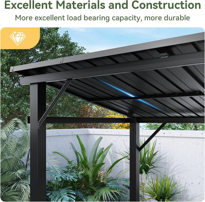 12X6Ft Hardtop Gazebo, All-Weather Outdoor BBQ Canopy with Sloping Steel Roof, Grill Gazebo with 2 Side Shelves & Hooks, Permanent Metal Gazebo for Patio, Backyard, Deck