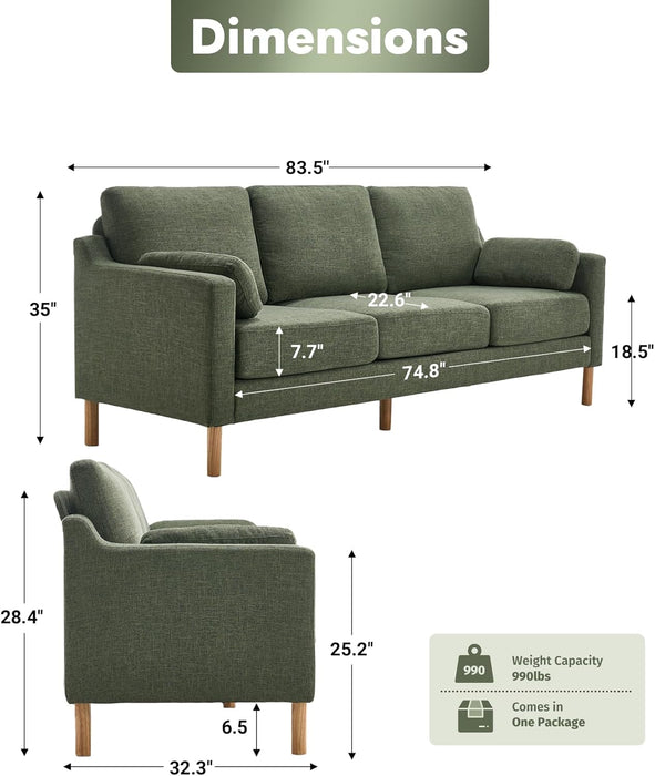 Darkgreen Linen Upholstered Mid Century Modern Sofa