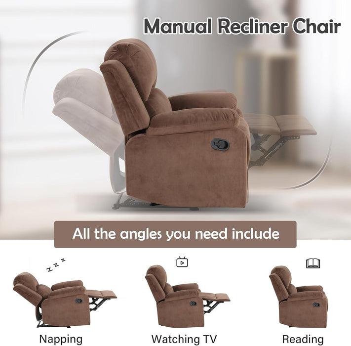 Manual Recliner Chair, Soft Fabric Overstuffed Recliner Single Sofa Recliner for Living Room, Heavy Duty and Safety Reclining Mechanism, Brown