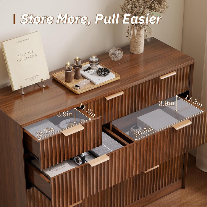 Fluted Tall Dresser for Bedroom, 9 Drawer Chest of Drawers,Walnut
