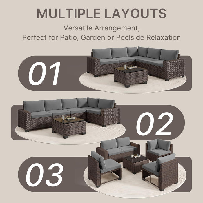 6-Piece Outdoor Patio Furniture Set, PE Wicker Rattan Sectional Sofa Conversation Set with Thickened Cushions and Coffee Table, All-Weather Patio Furniture for Garden, Backyard, Poolside, Grey