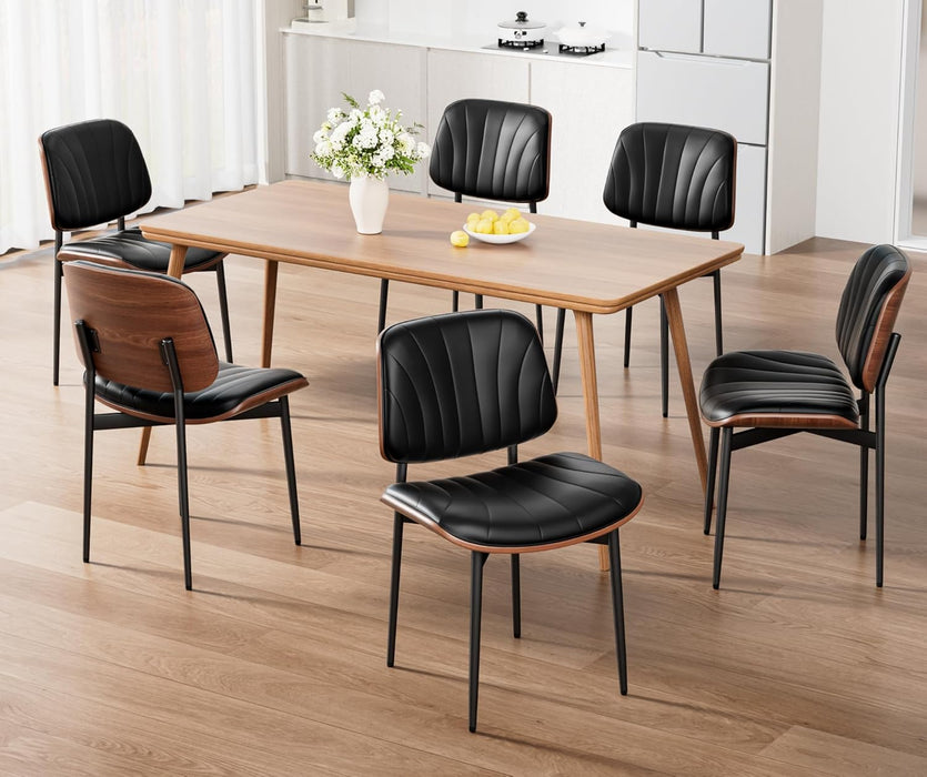 Dining Chairs Set of 6, Mid-Century Modern Upholstered PU Leather Chairs with Walnut Bentwood Back and Metal Legs Adjustable Feet for Kitchen Dining Room, Black Shell Strips