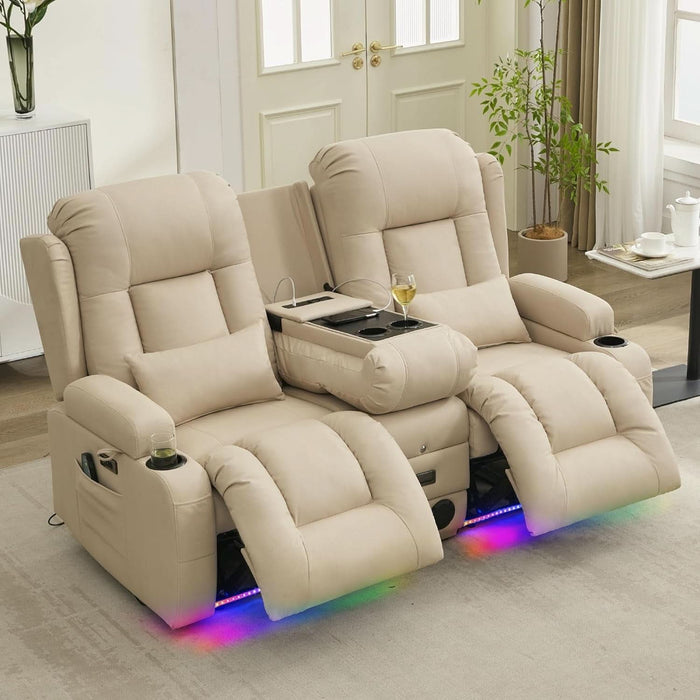 Loveseat Recliner Sofa with Massage and Heat, Power Reclining Loveseat Sofa RV Couch with Console, Home Theater Seating with LED Lights, Bluetooth Speakers, USB, Outlets, Leathaire, Beige