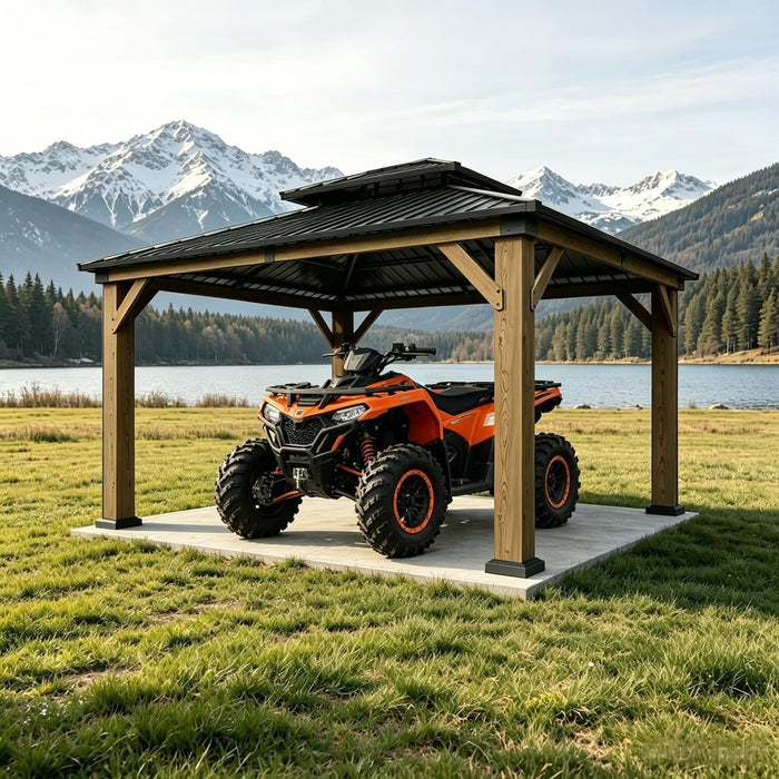 12' X 16' Outdoor Cedar Wood Hardtop Carport, Heavy Duty Gazebo with Double Galvanized Steel Roof, All-Weather Wind & Snow Resistant Permanent Pavilion for 2 Cars, Boat, Patio, Backyard