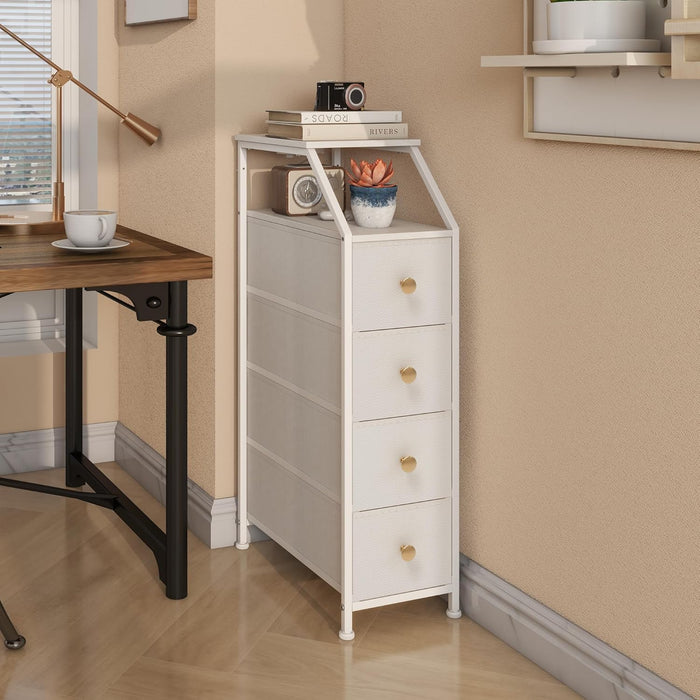 Narrow Dresser Tall Skinny Storage Tower Vertical Slim Chest of Drawers with Charging Station Small Nightstand Side Table for Bedroom, Bathroom, Small Spaces (White, 4 Drawers)
