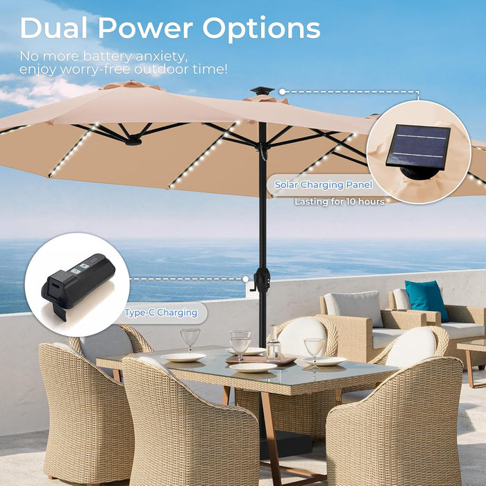 15Ft Large Patio Umbrella with Base Included, Double Sided Outdoor Umbrella with Solar Lights, Pool Umbrella with Fade Resistant Canopy for Deck, Porch, Yard, Balcony, Beige
