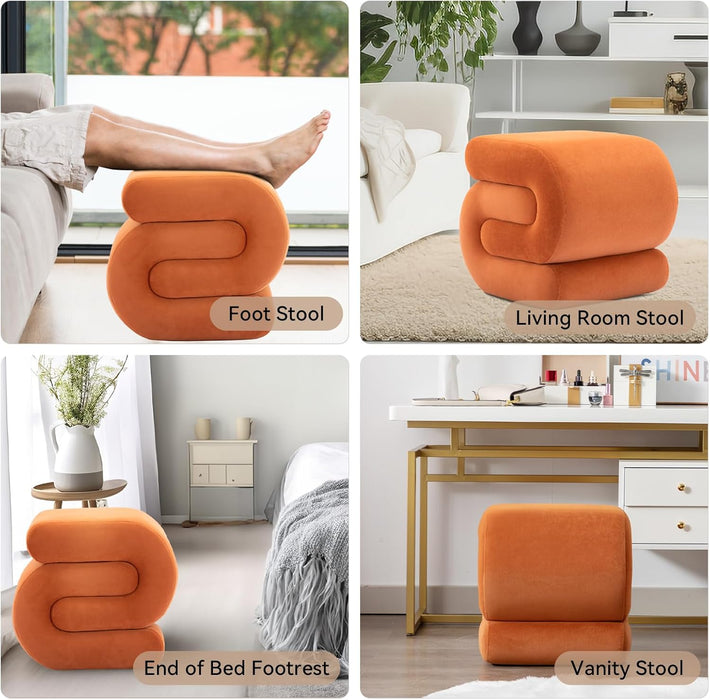 Modern Velvet Upholstered Ottoman, Comfortable Velvet Foot Stools, Exquisite End Table Pouf Stool Soft Shoe Stool, S Shape Ottoman for Makeup Room Living Room Bedroom Entrance (Orange)