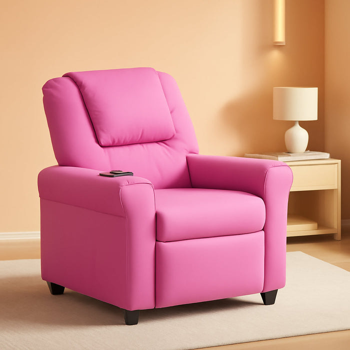 Vana Vinyl Kids Recliner with Cup Holder, Headrest, and Safety Recline, Contemporary Reclining Chair for Kids, Supports up to 90 Lbs., Hot Pink