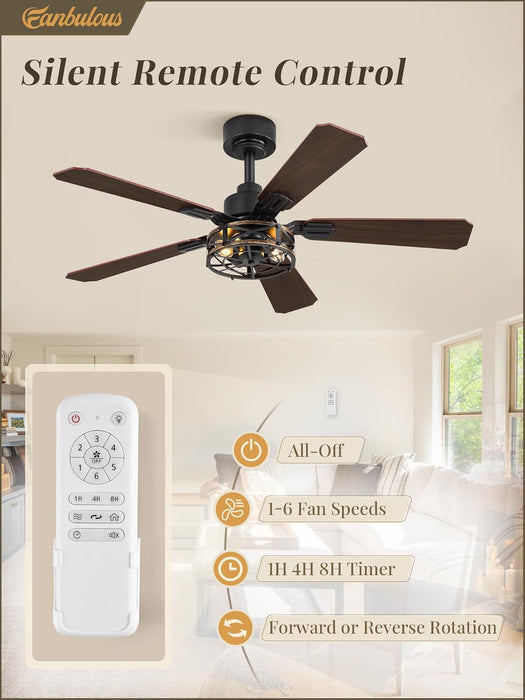2 Pack 42 Inch Rustic Caged Ceiling Fan with Lights, Black Farmhouse Ceiling Fans for Bedroom Living Room, Double-Sided 5 Blades Rustic Ceiling Fan